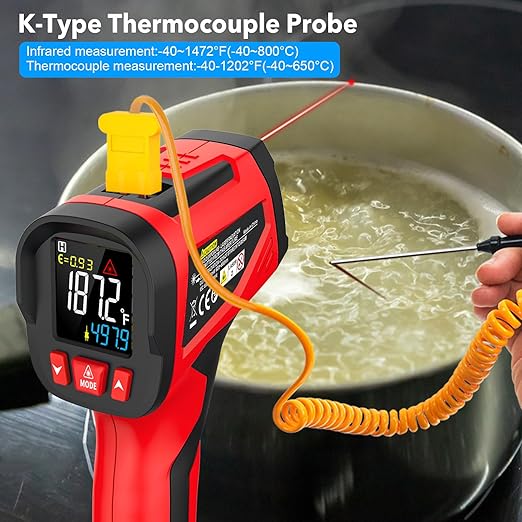 Infrared Thermometer Temperature Gun, TEMIRUP Digital IR Laser Thermometer -40°F~1472℉,K-Type Probe -40°F~1202°F, IR Temp Gun for Cooking, Pizza Ovens, Griddles, Meat, HVAC, Home & Industrial