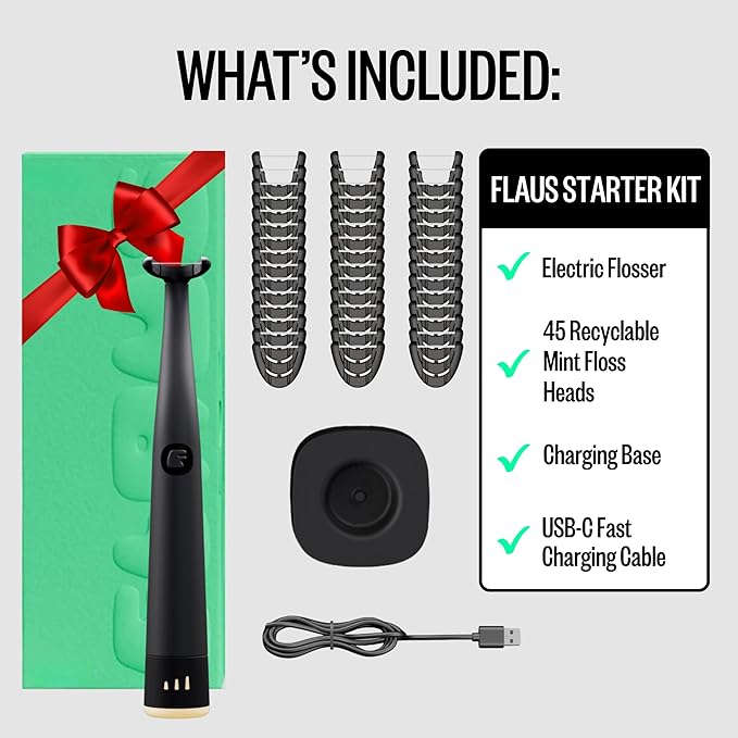 FLAUS Electric Flosser (Oprah's List, Shark Tank) 3 Speeds + 45 Refill Heads (Extra Strong Woven Floss for Durability) Water Flosser Alternative, Dentist Recommended Tooth Flossers Dental Floss Picks