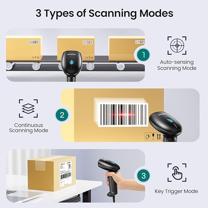Anyeast 2D 1D Barcode Scanner : USB Wired Inventory QR Scanner with Stand for Computer POS MAC with Automatic Scanning, Handheld CMOS Image Bar Code Reader for Warehouse Library Supermarket