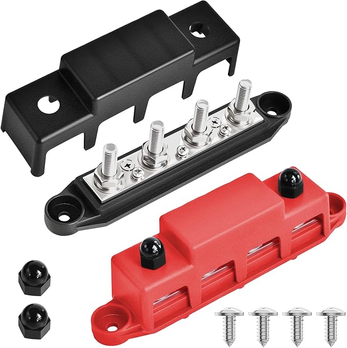 Bolipoeq Bus Bar 250A 12V Power Distribution Block 4 x 5/16"(M8) Studs for Automotive Marine Car Audio, 12 Volt Battery Busbar Terminal Block with Waterproof Cover (Pack of 2, Positive & Negative)