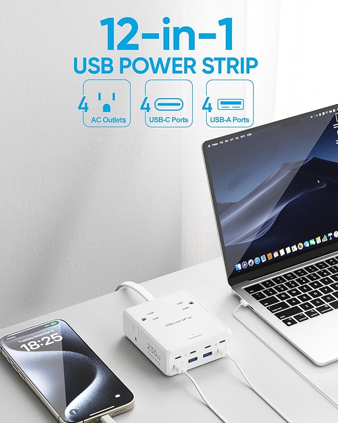 Olcorife 230W USB Power Strip, Ultra Thin Flat Plug Extension Cord 5FT, 4 AC Outlets 8 USB Ports(4 USB-C&4 USB A), 2000J Surge Protector, Home Office Dorm Travel Essentials