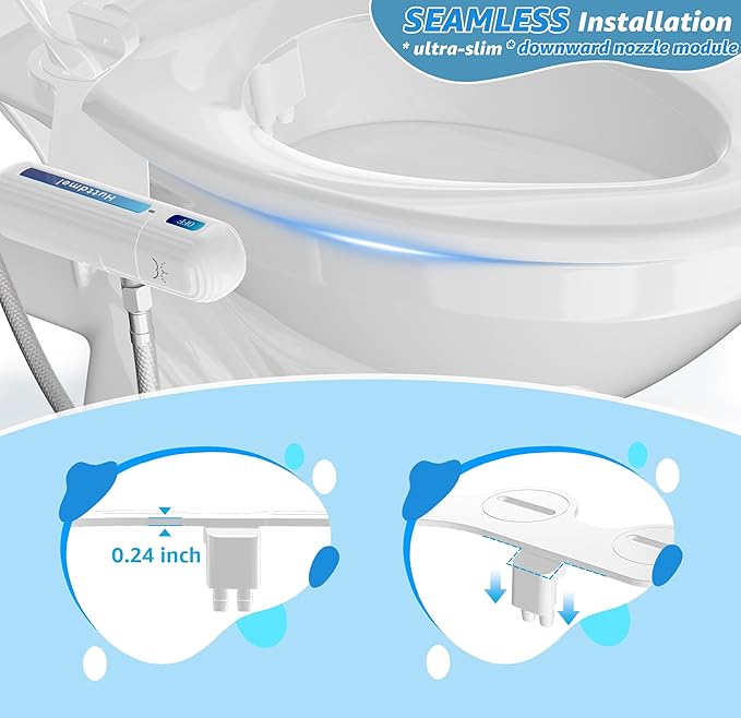 Ultra-Slim Bidet Attachment for Toilet, Non-Electric Dual Nozzle (Rear & Feminine Wash), Adjustable Fresh Cold Water Pressure, Stainless Steel Inlet, Easy to Install(Blue & White)