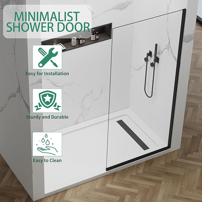 35"x74" Semi-Framed Shower Screen, Single Fixed Shower Glass Panel for Bathroom, 3/8" Tempered Glass with Dual-Sided Nano Coating, Reversible Install, Matte Black