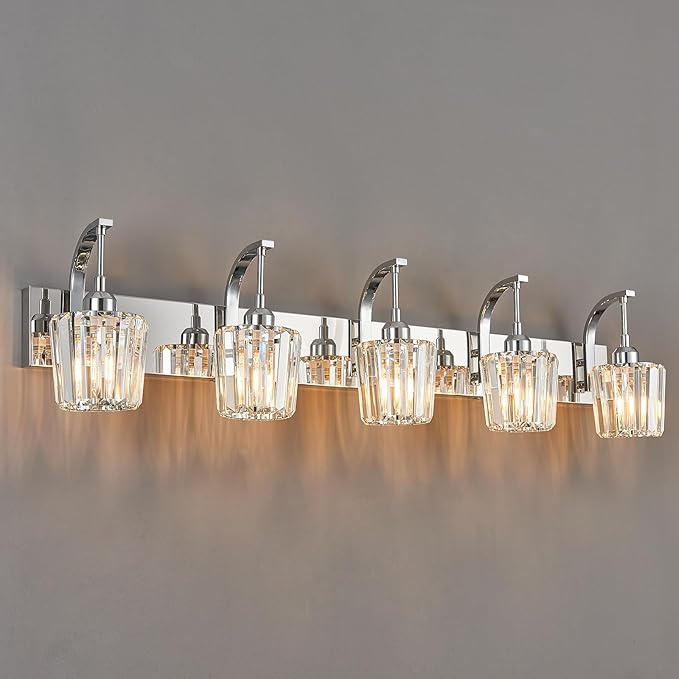 FDPBY Modern Bathroom Vanity Light, 5-Light Chrome Wall Sconce with Crystal Accents, Over Mirror Bathroom Lighting Fixture, 42.52" Long Dimmable Vanity Lamp for Makeup, Easy Installation
