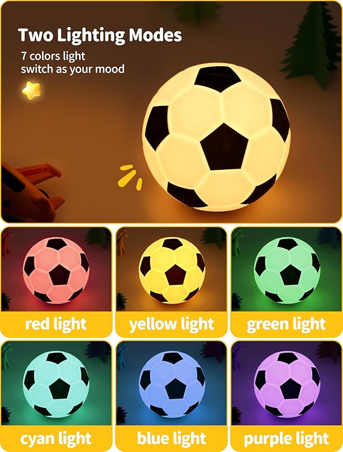 TechCharm Soccer Night Light for Kids Rechargeable LED Touch Control Silicone Night Lamp,Nursery Night Lights,Glowing Football Gift for Boys,Home Decor Birthday Christmas Gifts for Kids