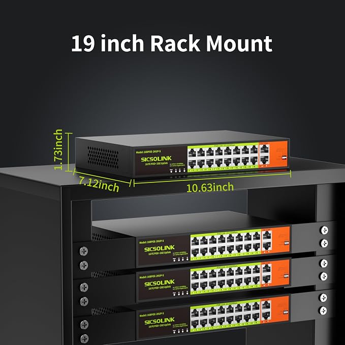 16 Port PoE Switch with 2 Gigabit Uplink, 250W Rack Mount Ethernet Switch - Image 5