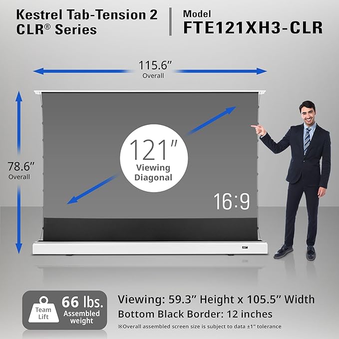 Elite Screens Kestrel Tab-Tension CLR, 121 inch 16:9, Ultra-Short Throw Ceiling Ambient Light Rejecting ALR Electric UST Floor-Rising Projection Motorized Front Projector Screen, FTE121XH3-CLR, White