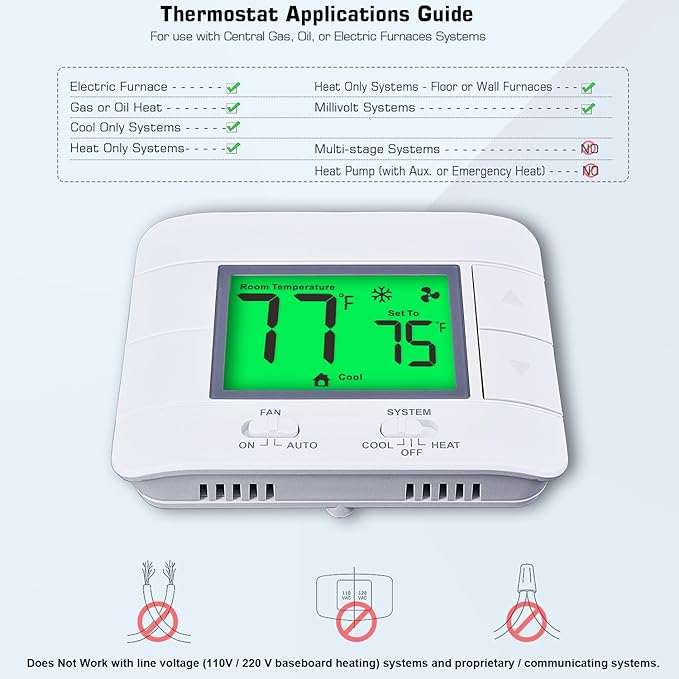Upgraded Non Programmable Thermostats for Home 1 Heat/1 Cool Single Stage System, with Temperature & Humidity Monitor and Large Green LCD