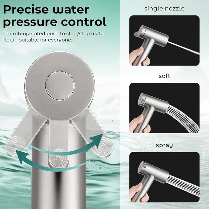 Handheld Bidet Sprayer for Toilet, Adjustable Water Pressure Control Rotary Switch with Bidet Hose, Exclusive Single Nozzle High Pressure Mode for Cleaning Stubborn Stains, Brushed Nickel