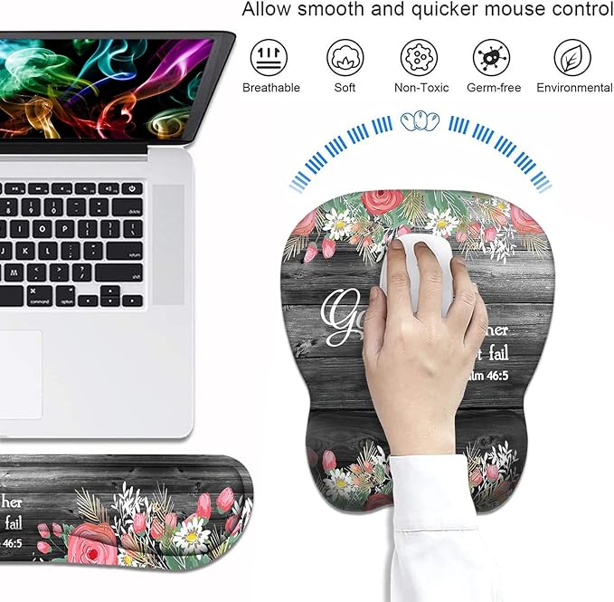 Ergonomic Mouse Pad Wrist Support and Keyboard Wrist Rest Set with Coasters, Non-Slip PU Base, Easy Typing & Pain Relief for Computer Laptop Home Office, Floral Quote Bible Verse Psalm 46:5