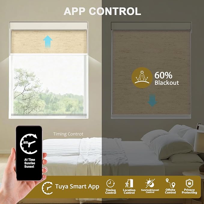 COOLWINDS Motorized Blinds with Remote Cordless Automatic Motorized Shades Custom Blinds for Windows Smart Curtains Compatible with Alexa Google Home(Light Filtering Linen Soft Dunes,W54 x H72in)
