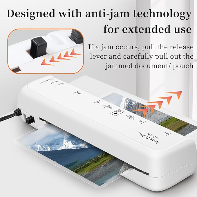Mas & Pro Thermal Laminator Machine 9 Inch with 40 Laminating Sheets, Hot & Cold, Anti-Jam, Fast Warm-Up, 2-Roller, Portable for Home Office School, Letter Size/A4/A5/A6/Photo/Document, White