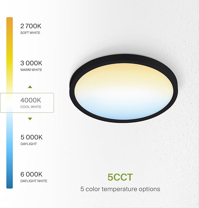 ASD LED 9" Round Flush Mount Ceiling Light Fixture, Low Profile Surface Lighting | 5CCT, Dimmable, Ultra-Thin, ETL Listed | 18W 1660LM 2700-6000K 120V | Kitchen, Bedroom, Hallway Lamp | Black, 6 Pack