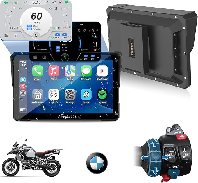 CARPURIDE W702BS PRO for BMW Motorcycle CarPlay & Android Auto Dual Bluetooth, 7" Waterproof GPS Navigation Screen, Data Reading, Native Wonder, TPMS, Light Sensor, Music Sharing, Intercom,16-Pin