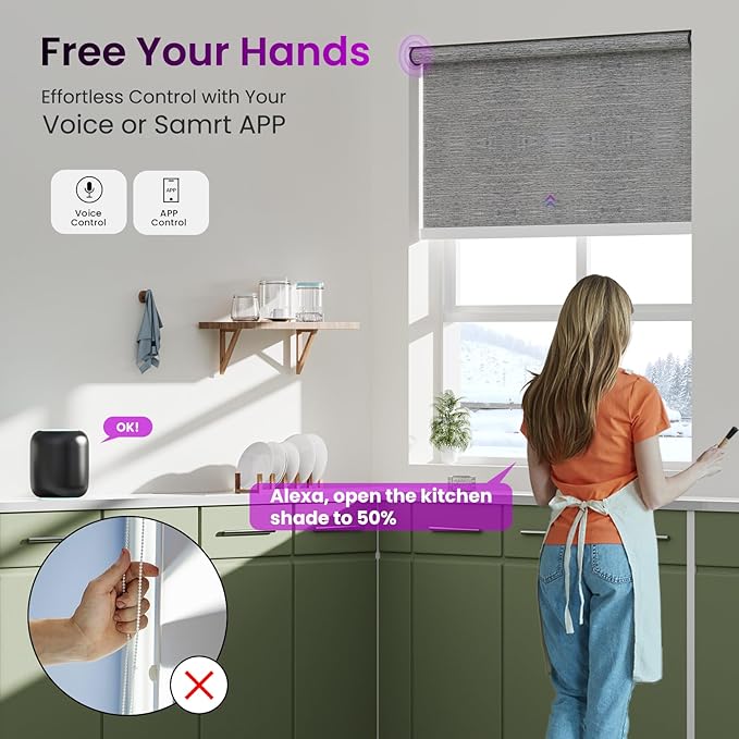 Astomi Motorized Smart Blinds for Windows, Automatic Roller Blackout Shades with Remote Control Compatible with Alexa Google Assistant Customized (Foggy Grey)