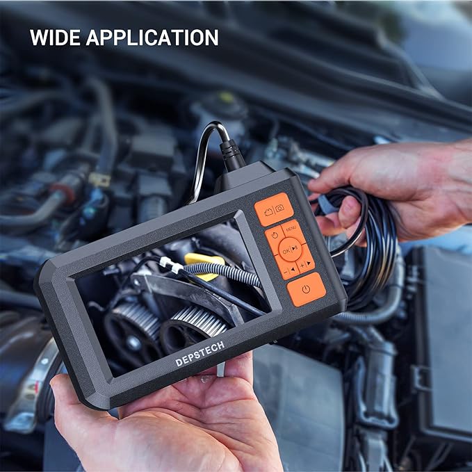 DEPSTECH Dual Lens Industrial Endoscope, 1080P Digital Borescope Inspection Camera, 7.9mm IP67 Waterproof, Sewer Camera with 4.3" LCD Screen, 7 LED Lights, 16.5FT Semi-Rigid Cable, 32GB Card - Orange