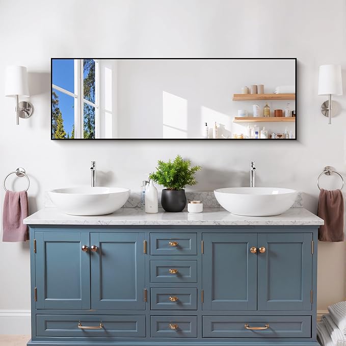 Black Bathroom Mirror for Wall, 16x48 Inch Rectangle Mirror with Metal Frame, Modern Vanity Mirrors for Bathroom Living Room, Entryway Hangs Horizontal or Vertical