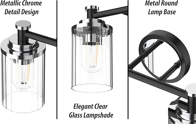 PHIXART Bathroom Lighting Fixtures Black and Chrome Bathroom Vanity Light with Cylindrical Clear Stripes Glass Lampshade E26 Socket Base Bathroom Lighting Fixtures Over Mirror (3 Lights)