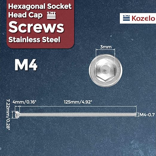 Kozelo 4pcs Socket Head Cap Screws - [M4-0.7 x 125mm] 304 Stainless Steel Allen Socket Drive for Electrical Motor 3D Printing Fan Engine Replacement Use, Silver