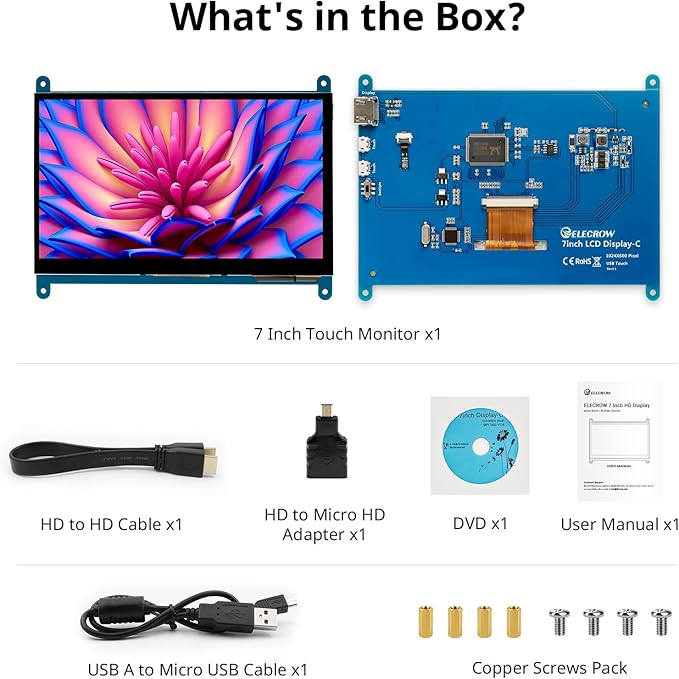 ELECROW 7 Inch 1024×600 Touchscreen for Raspberry Pi: IPS Capacitive Touch Screen LCD Display, Mini Portable Monitor Compatible with Raspberry Pi 5/4/3 BB Black Banana Pi Windows 11/10/8/7 Driver Free