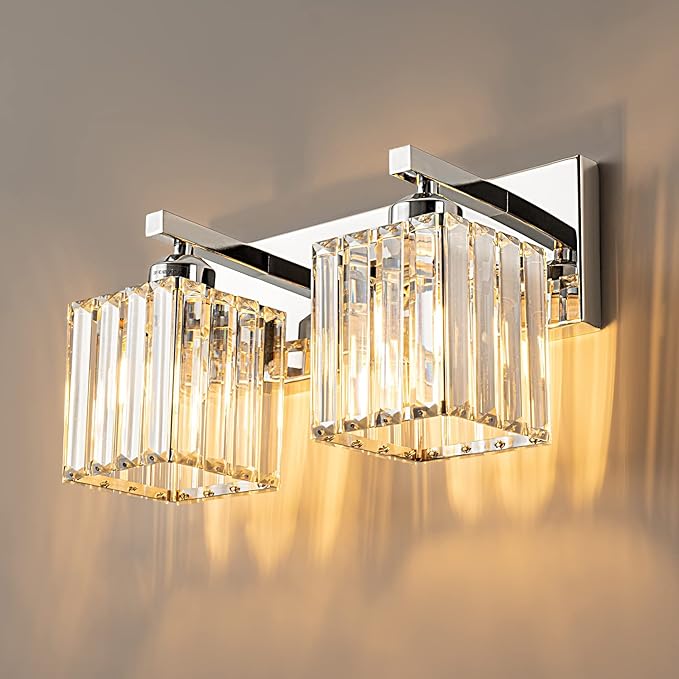 FDPBY Modern Bathroom Vanity Light 2-Lights Chrome Crystal Bathroom Wall Light Vanity Light Fixtures，12.59-inch Modern Minimalist Design