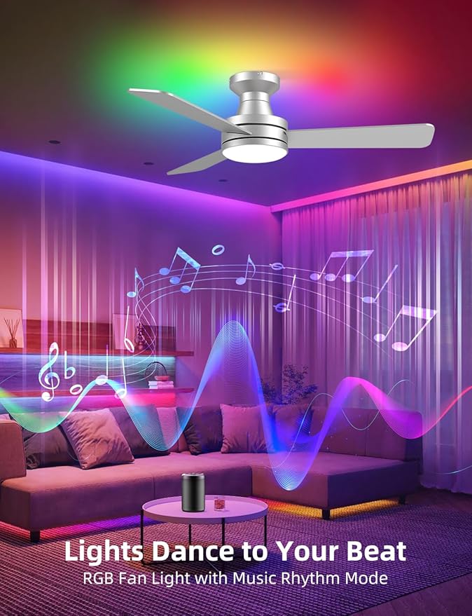 Homlit 42 inch RGB Ceiling Fan with Light, Smart App & Remote Control Low Profile Flush Mount, Music Sync Lighting, 6-Speed Quiet Reversible DC Motor, 4CCT Dimmable for Home Office Party, Silver