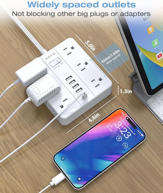 AOFO 10FT Surge Protector Power Strip,12 AC Outlets with 6 USB Ports (2 USB-C), Flat Plug Extension Cord with Multiple Outlets, Wall Mount for Home Office,Dorm,White
