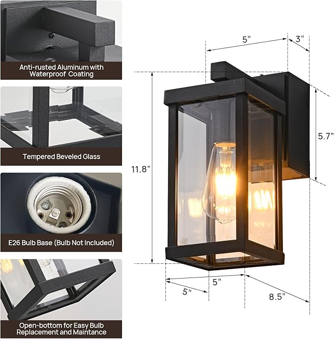 JOKAONOTL Dusk to Dawn Porch Lights with GFCI Outlets Waterproof Outdoor Wall Lights Exterior Lighting Fixtures Modern Outside Lights Wall Mount for House Patio Garage,Black,11.8''H,1PC