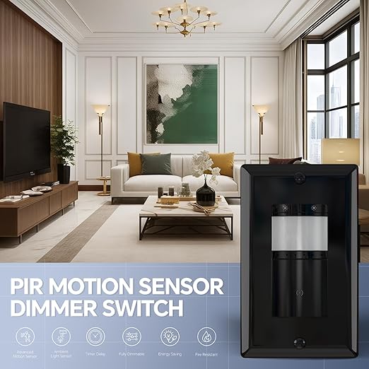 ECOELER Motion Sensor Dimmer Electrical Switch, in-Wall Dimmer Light Switch with PIR Sensor and Timer, OCC & VAC Modes, Single Pole for CFL/LED Bulb, Wall Plate Included, Black