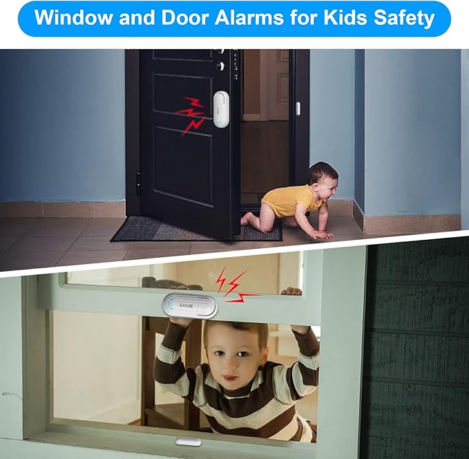 SanJie Window Alarm Sensors Door Alarms for Home Security Volume Ajustable 0-120 DB Pool Door Alarms for Kids Safety with 4 Modes Open Alarm/Close/Dingdong/Reminder Burglar Alert (5 Pack)