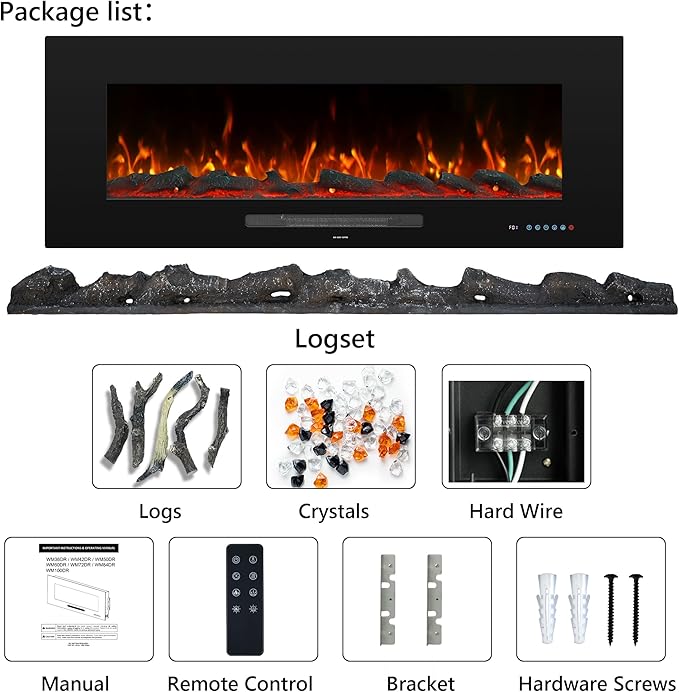 36" Electric Fireplace Inserts, Recessed & Wall Mounted Fireplace Heater Colorful Flame &Fuel, Remote Control Setting Dimer, Thermostat &Timer, Plug in &Hard-Wire Option, 750W/1500W, Black