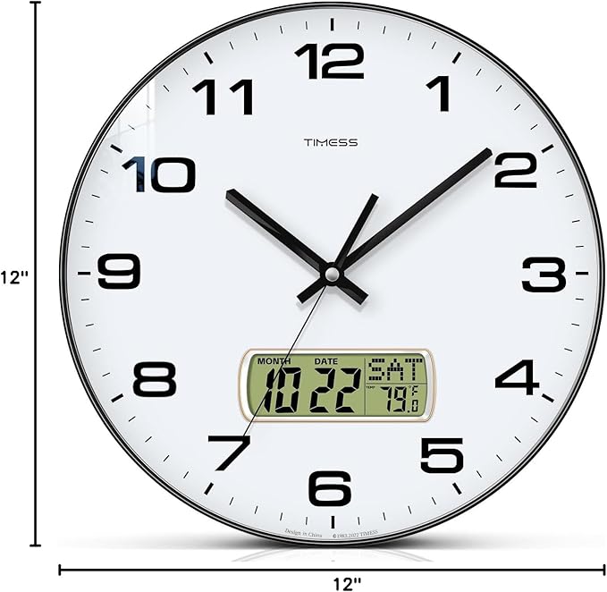 TIMESS Wall Clock, 12" Dial Non-Ticking Silent Battery Operated Analog with LCD Display for Perpetual Calendar and F° Temperature, Ideal Modern Home, Bedroom, Kitchen, Office Decor (Black)
