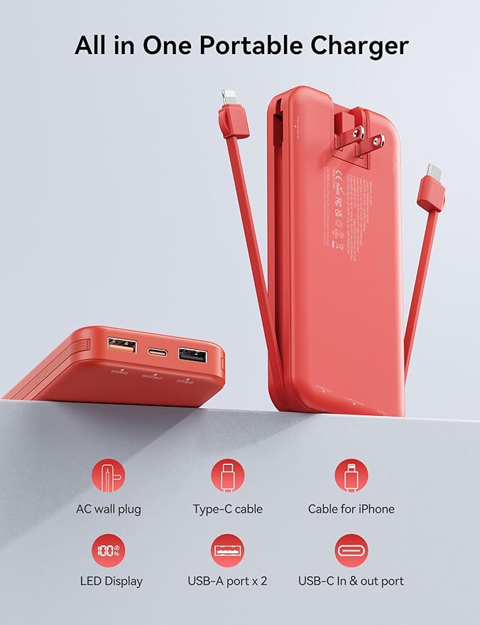 Ultra-Portable-Charger-Power-Bank with Built in Cables&AC Wall Plug,12000mAh PD20W USB-C Fast Charging Cell Phone Charger Battery Pack,LED Display Travel Battery Bank for All iPhone,Samsung,Android