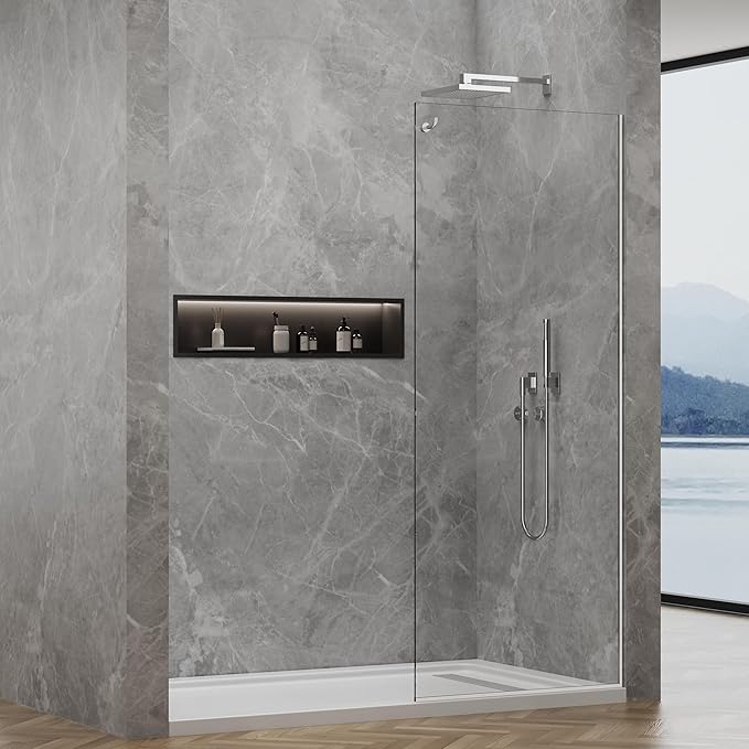 Shower Screen,32" W * 76" H Single Shower Glass Panel, 3/8"(10mm) Tempered Glass, Shower Wall Panels, Fix Shower Glass Screen for Bathroom - Bright Chrome