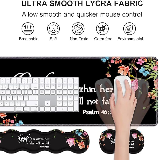 Ergonomic Keyboard Wrist Rest & Mouse Pad Wrist Rest Set,Large Gaming Desk Mat 31.5"x 11.8" with Non-Slip Base,Memory Foam,Easy Typing Pain Relief for Home & Office,Floral Quote Bible Verse Psalm 46:5