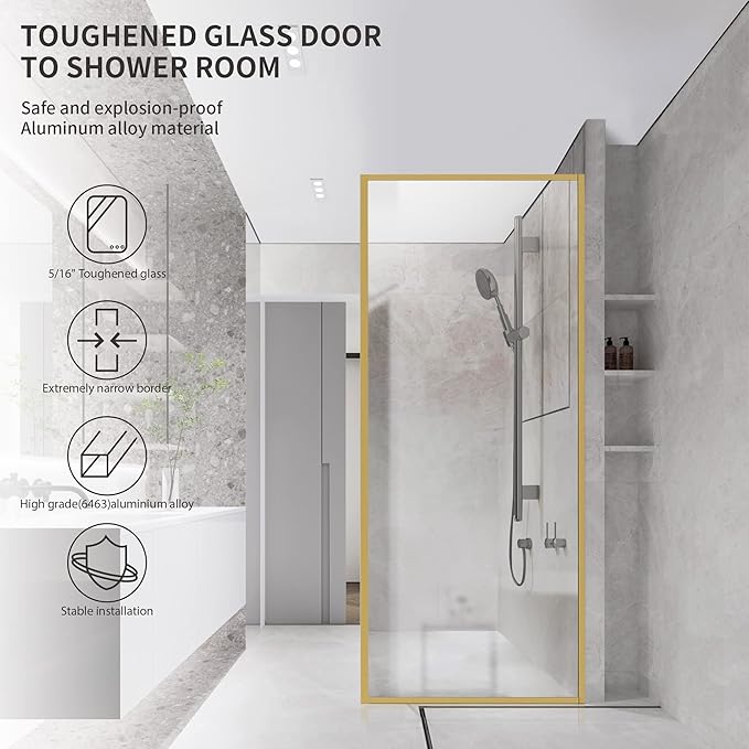 Bathroom Fixed Glass Shower Wall Panels, 34 in W x 74 in H Framed Tempered Shower Glass Panel for Open Walk-in Bathroom and Bathtub, Clear Glass Shower Panel with Matte Brushed Gold Finish