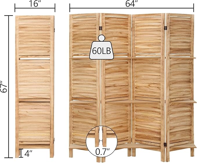 4 Panel Room Divider with Shelves, Room Dividers and Folding Privacy Screens, Folding Room Dividers 4 Panel, Wood Room Divider with 3 Display Shelves for Home Office (Natural)