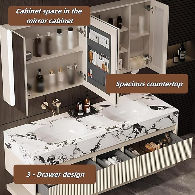 Fashionable Bathroom Vanity with Sink, Smart One-Click Defogging & LED Light, Bathroom Sink and Cabinet with Wave Striped Panel, Rockslab Countertop (Mirror Cabinet, 76IN)