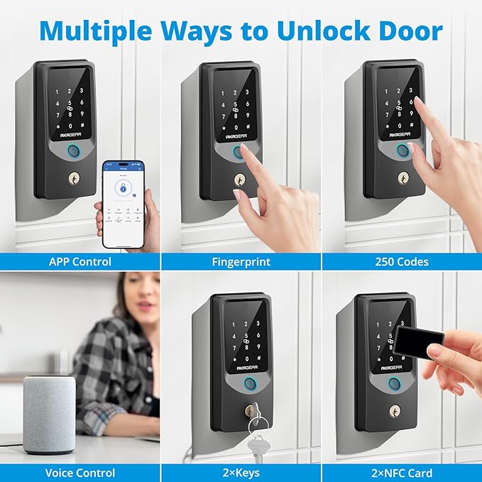 AkaGear T02 Fingerprint Keyless Entry Door Lock - Built in WiFi, Smart Lock for Front Door, App Remote Control, Auto Lock, Keys, Fob Card, PIN Code Unlock, Touch Keypad Deadbolt with Batteries, Black