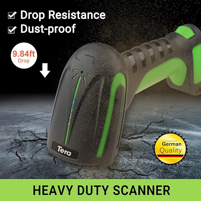 Tera Pro (Extreme Performance) Industrial Wireless Barcode Scanner 2D QR 1D Bar Code Reader 2.4G Wireless 2500mAh Compatible with Bluetooth Drop Resistant for Windows Mac Android iOS Model 8100 Green