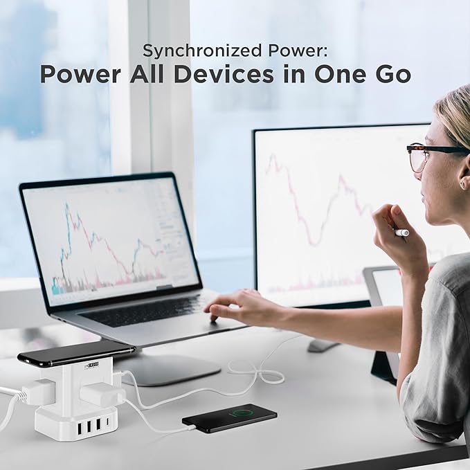 Uncaged Ergonomics Wireless Cube Charger & Power Strip with USB Ports, Surge Protection, 10ft Extension Cord with Wireless Charger, 4 AC Plugs & 3 USB Ports, 1 C Fast Charging with On/Off Switch