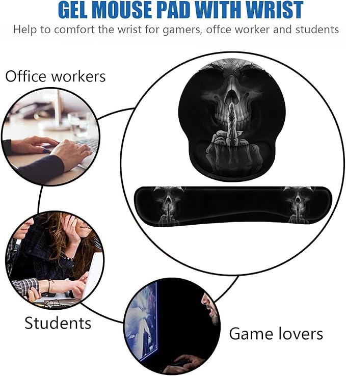Keyboard Wrist Rest and Mouse Pad Wrist Support Set with Coasters, Non-Slip PU Base Ergonomic Gaming Mousepad for Home Office Working Studying Easy Typing & Pain Relief, Funny Skeleton Skull