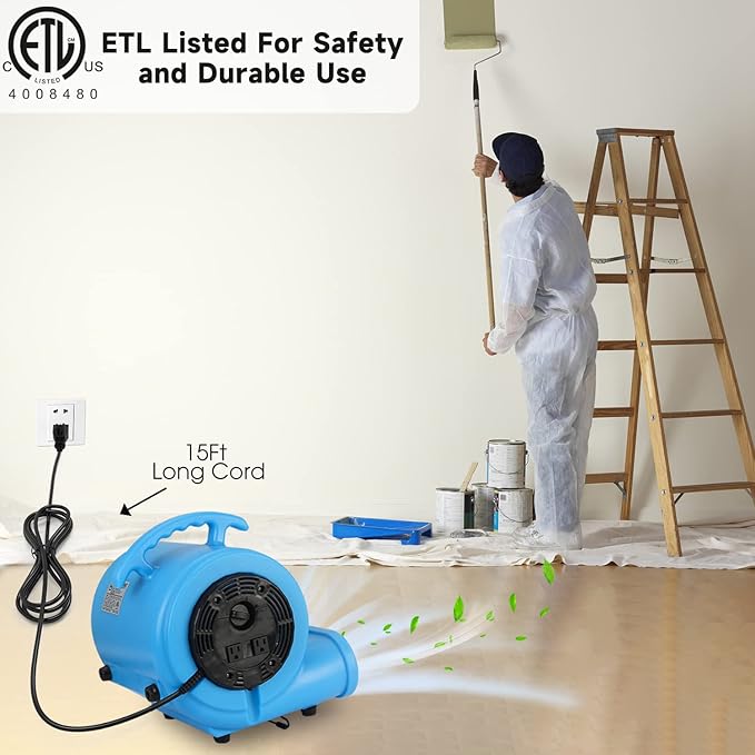 blessny 1/2 HP ETL Listed Carpet Dryer Fan, 2600 CFM Air Blower Mover for Home Drying, 15 Ft Long Cord Portable Floor Blower Fan with 3-Speeds Daisy Chain Function (Blue)