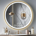 32 Inch Wall-Mounted Round Bathroom Mirror with LED-Lights - Frame Vanity Mirrors with Dimmable (32" x 32", Gold)