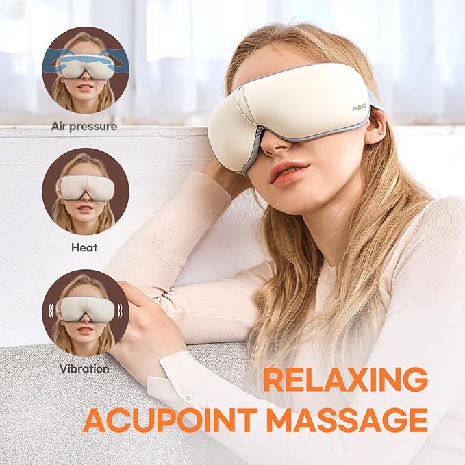HubiCare Eye Massager with Heat, Vibration, and Music Helps Relieve Strain, Dark Circles, Dryness, and for Migraine Relief Relaxation and Better Sleep Valentines Day Gifts for Women/Men (Beige)