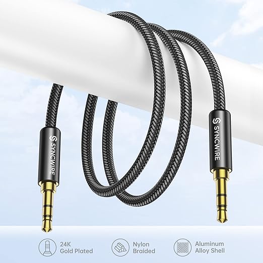 SYNCWIRE 3.5mm Nylon Braided Aux Cable (26.2ft/8m, Hi-Fi Sound), Audio Auxiliary Input Adapter Male to Male AUX Cord for Headphones, Car, Home Stereo, Speaker, iPhone, iPad, iPod, Echo & More - Black