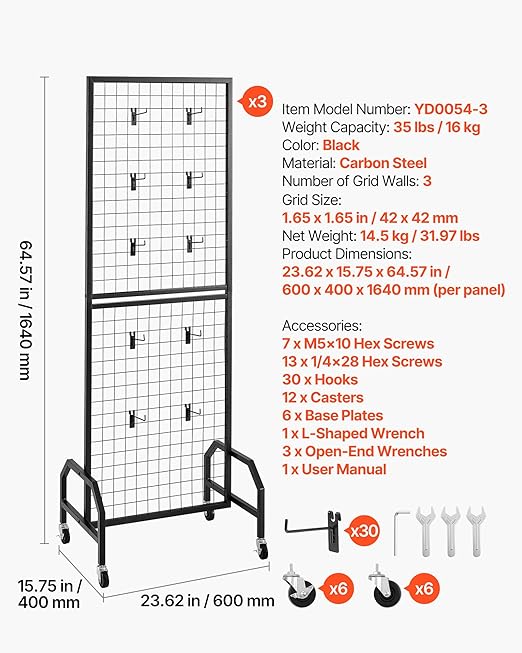 VEVOR 3 Packs Grid Wall Panels, 1.9 x 5.4 ft Wire Grid Panels Display Rack, Movable Art Display Shelf with Wheels and 30 Hooks, Black Carbon Steel Gridwall for Craft Show, Decor, Storage, Notice Board