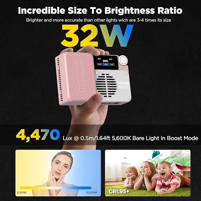 Amaran Ace 25c Pocket RGBWW LED Light, Boost Mode Up to 32W, Full-Color Mini Video Light (2,300-10,000K), 1,171 Lux@1m at 5,600K, 4500mAh Battery with PD Fast Charging for Mobile Creators (Pink)