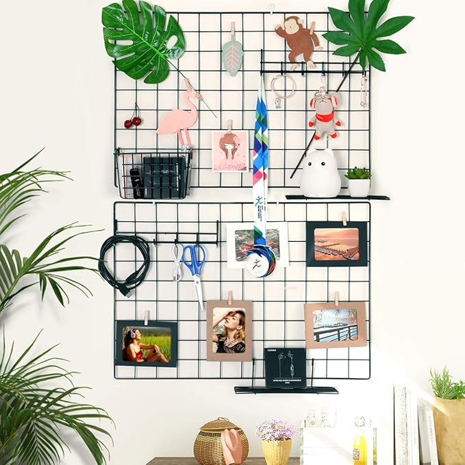 PAMANO Wall Photo Grid Shelf, Wall Hanging Ins Art Display Grid Panel for Decor & Storage, Metal Wire Notice & Memo Board, Mesh Tool Organiser Frame 2 Pcs (Black, 25.6 x 17.7 inches)