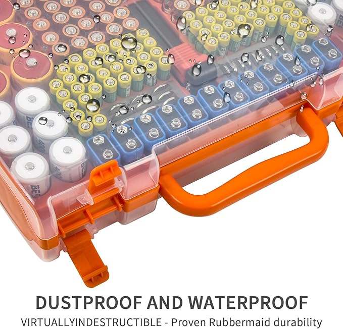 Aptbyte Battery Organizer Storage Holder Box Case with Tester- 269 Batteries Double-Sided Variety Pack, Holds AA AAA 4A C D Cell 9V 3V Lithium LR44 CR2 CR123 CR1632 18650 Button- Orange (Box Only)